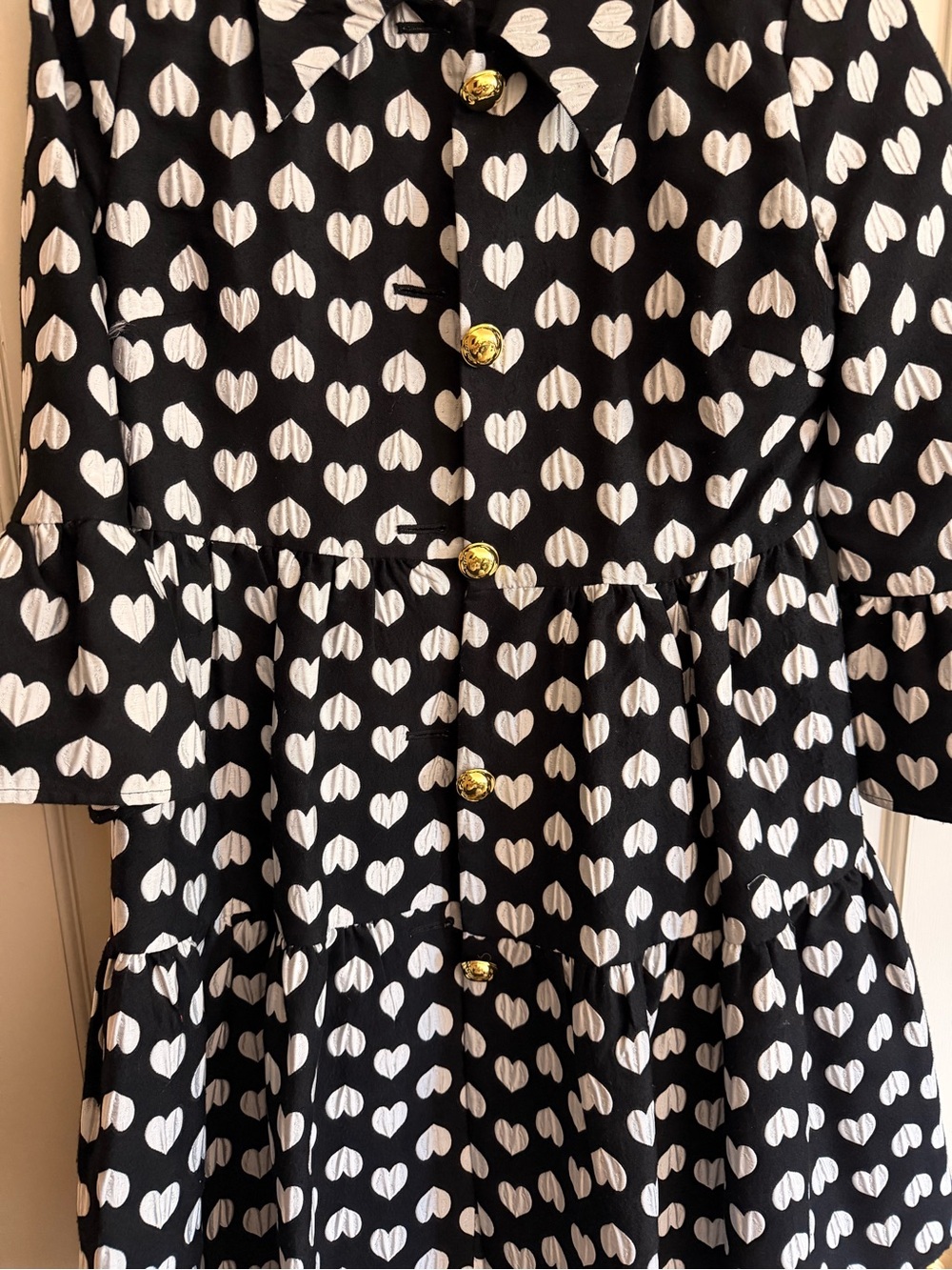 Halogen Black Dress Coat with White Heart Print and Gold Buttons